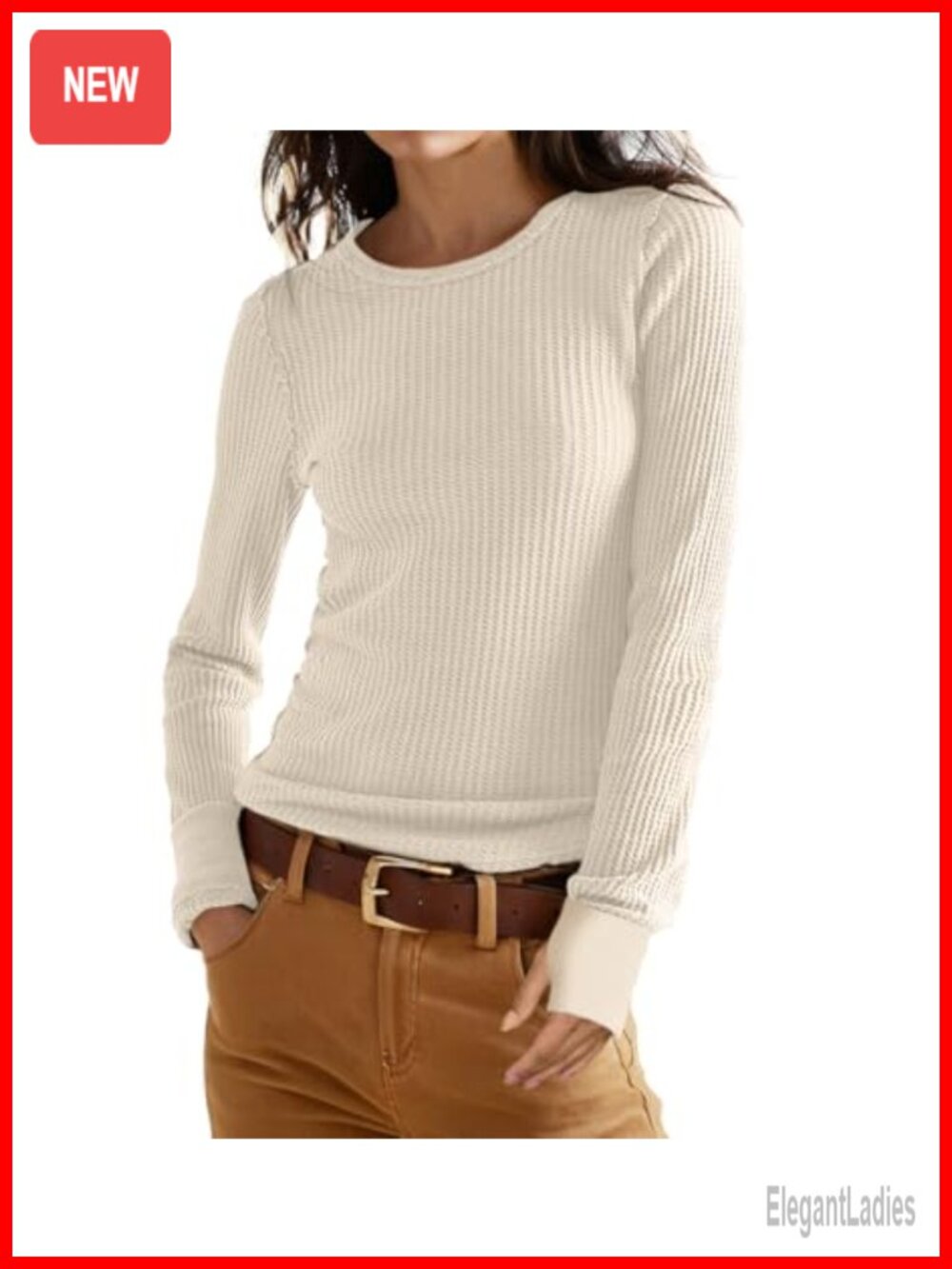 Waffle Knit Long Sleeve Top Crew Neck Thumbholes Fitted Pullover